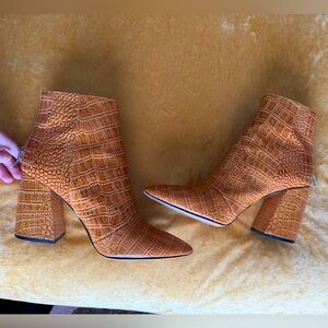 Vince Camuto Pointed Toe Croc-Embossed Block Heel Boots - Orange